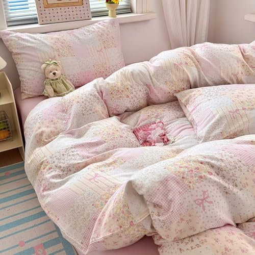 Patchwork 100% Cotton Duvet Cover Queen Size Double Layer Muslin Soft Breathable Gauze Bedding Set with Zipper,3 Pieces Aesthetic Comforter Covers 90"X90",1 Duvet Cover and 2 Pillowcases