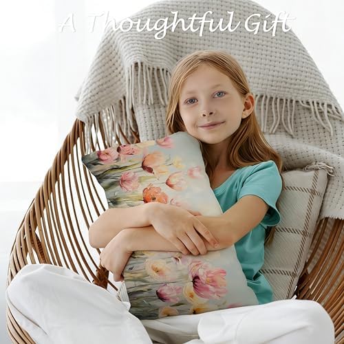 Spring Tulip Floral Lumbar Pillow Cover 12x20 Double-Sided, Cottagecore Room Home Decor, Farmhouse Easter Abstract Pink Flower Decorative Throw Pillow Cover for Living Room Home Bedroom