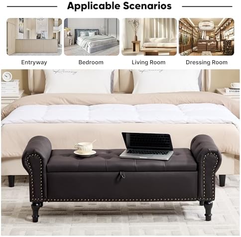 51" Storage Bench for Bedroom, Faux Leather End of Bed Bench, Queen Size Bench with Rolled Arms, Tufted Storage Ottoman Benches, Upholstered Bench for Bedroom, Living Room, Entryway, Dark Brown