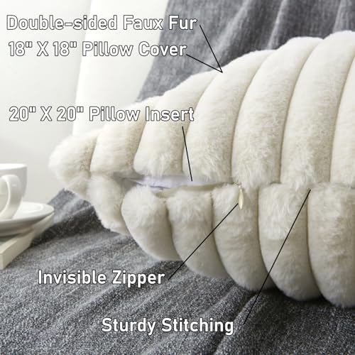 Decorative Throw Pillow with Inserts, Set of 2 Soft Faux Fur Throw Pillows, Square Boho Striped Pillow for Couch, Bed, Sofa Decor(Beige, 18" x 18")