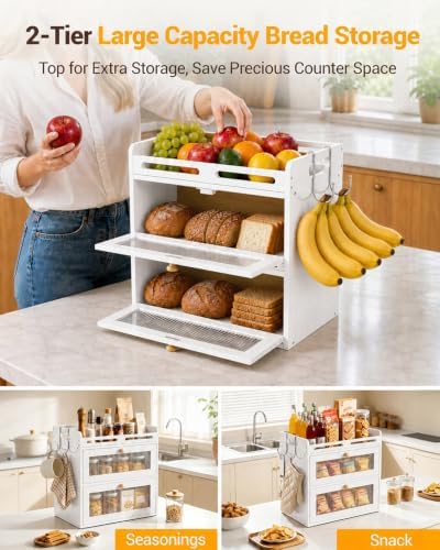 Bread Box for Kitchen Countertop, 2-Tier Bamboo Storage with Raised Shelf