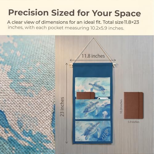IAXIC Canvas Wall Hanging Organizer with Pockets Fish Extender Hanging Pouch Watercolor Turtle Door Closet Organizers Fabric Storage Pockets Wall Decoration