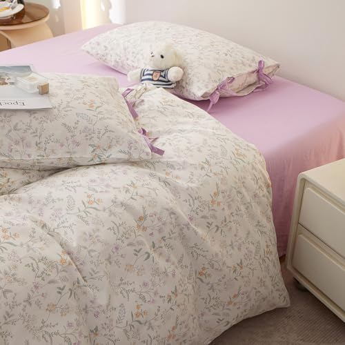 HighBuy 100% Cotton Duvet Cover Full,Pink Yellow Floral Bedding Comforter Cover French Style,Duvet Cover Set 2 Bowknot Bow Tie Pillowcases,Shabby Chic Bedding Duvet Cover Set