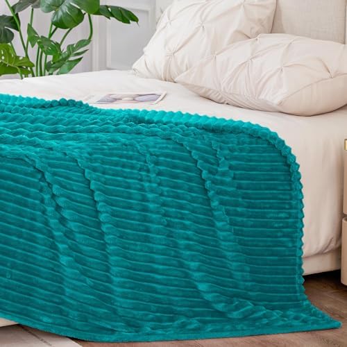 BEDELITE Ribbed Jacquard Ocean Blue King Size Blankets for Bed, 108x90 Inch