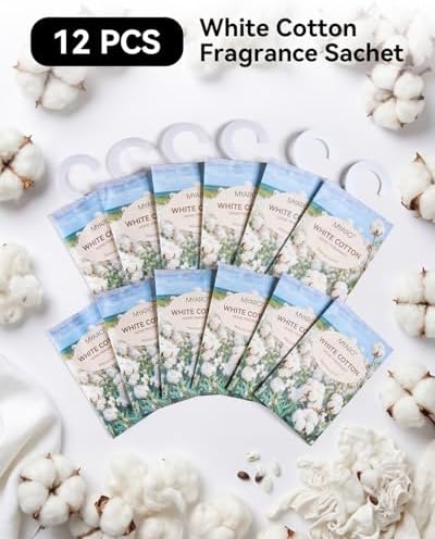 MYARO 12Pcs White Cotton Sachets Hanging Car Freshener, Closet Deodorizer