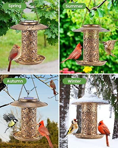 SWEETFULL Solar Bird Feeder for Outdoors Hanging, Metal Wild Bird Feeder for Cardinals Solar Garden Lantern with S Hook as Gift Ideas for Bird Lovers (2LBs Heavy Duty Weather Resistance birdfeeders)