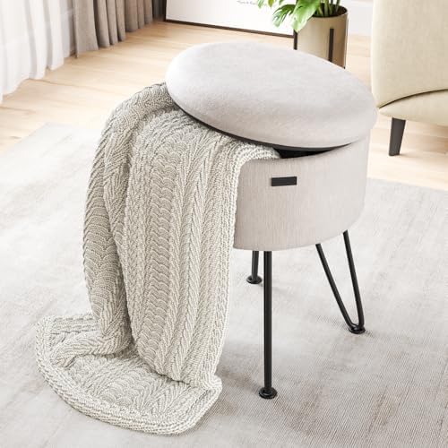 Round Ottoman with Storage, Textured Velvet Storage Ottoman, Foot Stool Ottomans, Makeup Vanity Stool, Small Ottomans Foot Rest, Modern Vanity Stools for Living Room and Bedroom, Cream