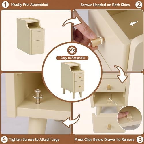 Nightstand with Drawers Set 2, Pre-Assembled, 19.7" H Natural Solid Wood Night Stand with Open Sliding Shelf, Mid Century Modern Small Bedside Table Cabinet for Bedroom, Cream 8"