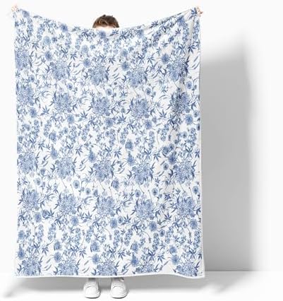 Floral Blanket Blue Floral Throw Blanket, Botanical Flowers Blankets, Soft, Flannel, Warm, Boho Flowers Bed Blankets All Season for Couch Bedroom Living Room, Blue-3 50X60 Inch