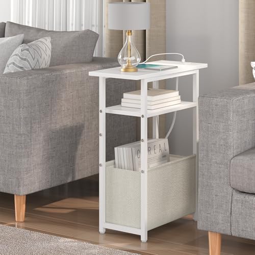 sthmec Narrow Side Table with Charging Station, Small End Table for Small Spaces, Skinny Nightstands with Storage Basket, 3 Tier Sofa Couch Bedside Tables for Living Room,Bedroom, White
