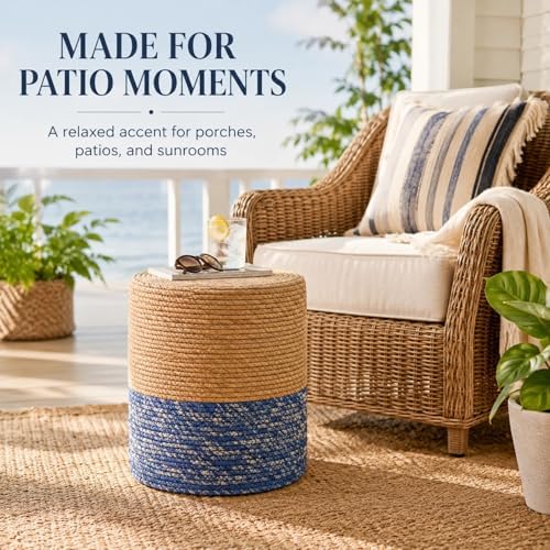 Wimarsbon Natural Seagrass Foot Stool, Hand Weaving Round Ottoman, for Living Room, Outdoor Seat (Natural & Blue)
