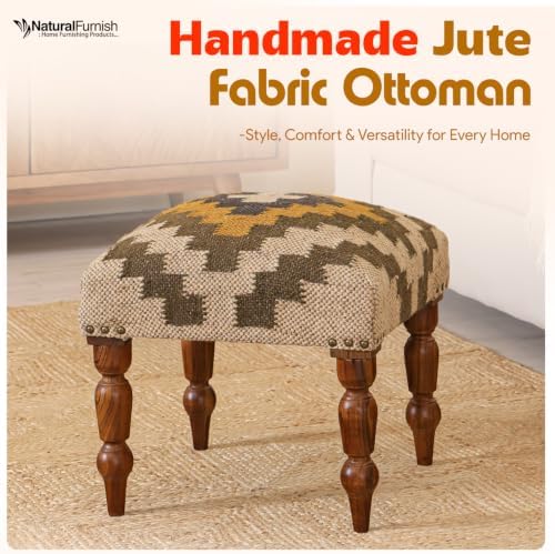 Handmade Jute Upholstered Ottoman Stool | Square Foot Rest with Wooden Legs | Decorative Accent Seating for Bedroom, Living Room, Entryway, Vanity & Hallway (Beige-Pista Green)
