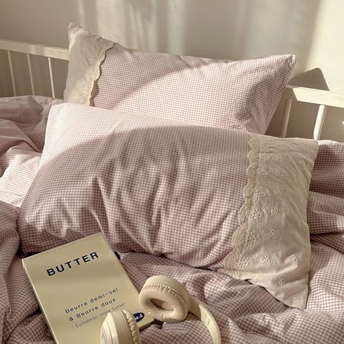 mixinni Purple White Gingham Duvet Cover Queen Size - 3 Piece Cottagecore Plaid Bedding Set with Lace Trim, Soft Washed Microfiber Vintage Aesthetic Grid Comforter Cover & Pillow Shams