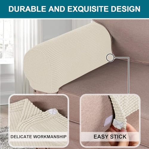 Turquoize Stretch Armrest Covers for Chairs and Sofas Couch Arm Covers for Sofa Spandex Jacquard Armrest Cover Anti-Slip Furniture Protector Washable Armchair Slipcovers for Recliner Set of 4,Natural