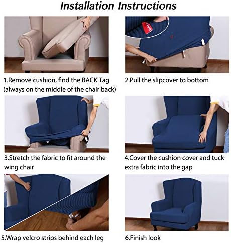 Turquoize Wingback Chair Covers 2 Piece Wing Chair Slipcover Stretch Slipcovers for Wingback Chairs Wing Chair Cover Spandex Jacquard Fabric with Elastic Bottom Non-Slip Furniture Cover, Navy