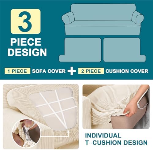 Turquoize 3 Piece T Cushion Loveseat Slipcovers Sofa Cover for 2 Cushion Couch Cover Washable Sofa Slipcover Furniture Covers with 2 Individual T Cushion Seat Covers (2 Cushion Loveseat, Cream)