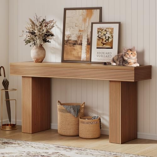 Bestier 63” Entryway Table, Wood Fluted Console Table Behind Couch, Brown
