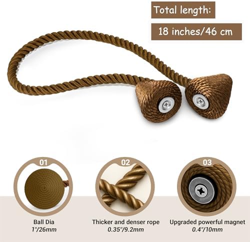 Hion Magnetic Curtain Tiebacks Dark Brown 2pcs, Curtain Holdbacks Hooks