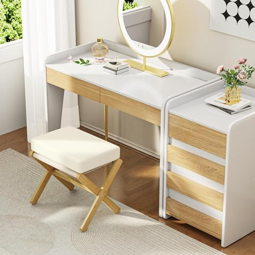 BAMBOOHOMIE Foldable Foot Stool Ottoman, Modern Foot Rest with Bamboo X Legs & Thick Foam Cushion, Folding Foot Stools Small Padded for Bedroom Living Room, Footstool for Chair Couch (Natural - Beige)