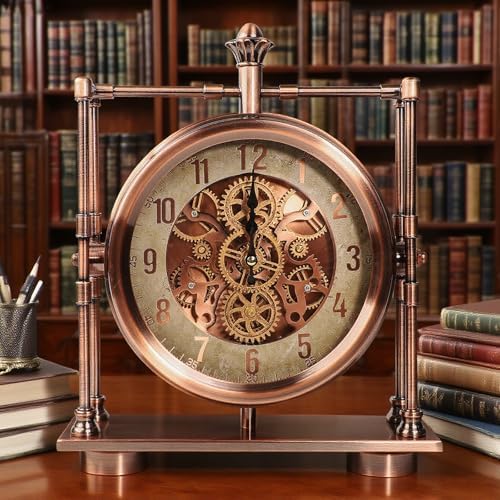 11inch Rosegold Moving Gears Desk Clock Mantle Clock for Living Room Office