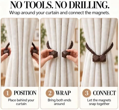 NazTur Magnetic Curtain Tiebacks, Curtain Ties, No-Drill Holdbacks (2 Pack)
