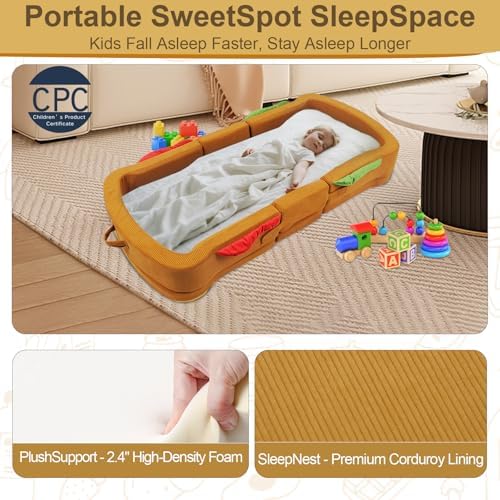 Toddler Travel Bed Sandwich Style - Portable Toddlers Floor Beds, Foldable Soft Foam Travel Bed for Baby and Kid, Washable Cover Toddler Cot with Safety Rail for Travel, Home/Travel Sleep