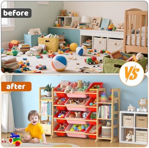 Large Toy Storage Organizer Kids Toy Organizer and Bookshelf Combo with 12 Bins and 6 Shelves Toy Organization Box Toy Shelf for Playroom, Bedroom, Nursery