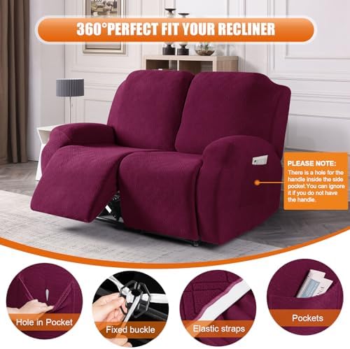 VANSOFY Recliner Cover, 2-Pieces Stretch Reclining Couch Cover with Pockets Loveseat Sofa Slipcovers Soft Washable Furniture Protector for Dogs Cats(Burgundy)