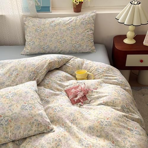 Double Muslin Floral Duvet Cover Twin Size 3 Pieces(1 Duvet Cover with 2 Pillowcases),100% Cotton Soft Comfy Gauze Bedding Set for Women Girls,Breathable Quilt Covers 68"×86"