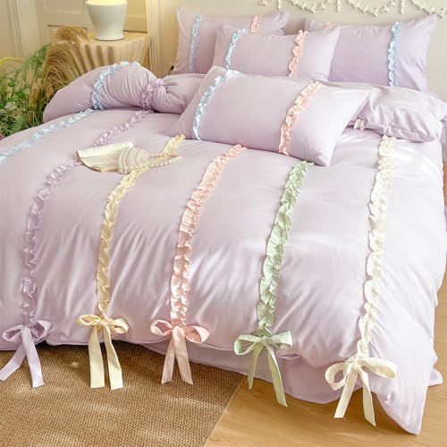 Rainbow Ruffles Bedding Set with Bow,Colorful Striped Duvet Cover, Cute Princess Style 2 PCS Duvet Cover Set-1 Duvet Cover and 1 Pillowcases for Girls Teens Bedroom,No Comforter
