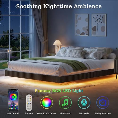 LYNSOM 3 Pieces King Bedroom Set, Floating Bed Frame with Smart LED Lights & Nightstand Set of 2, Fluted Bedroom Furniture Set for Home, Bedroom, Black