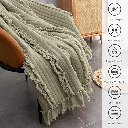 Ultra Soft Pre-Washed Quilted Throw Blanket, Ruffle Fringed Army Green Decorative Throw, Stone Washed Chic Rustic Blanket for Sofa Couch Bed, 50"x 60"