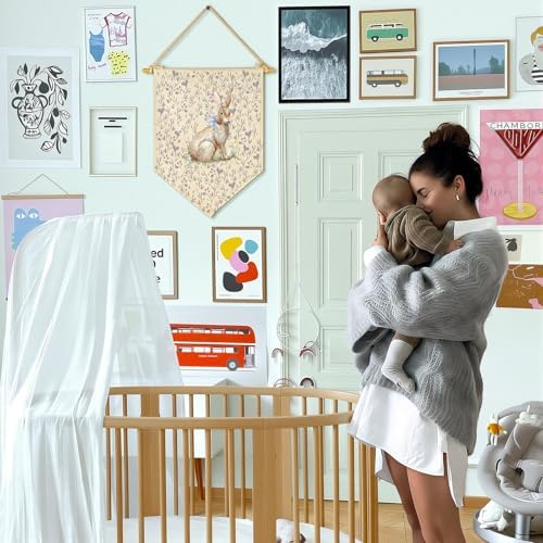 Cute Bunny Woodland-Baby Gift Shower-Wall Flag Decor Gift for Baby Girls Kids-Canvas Hanging Flag Banner Pennant Wall Decor Gift for Nursery Baby Room Playroom Bedroom