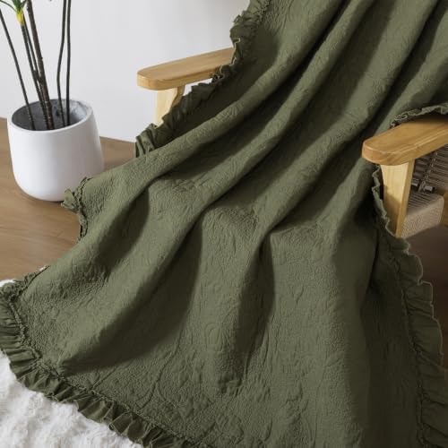 Brandream Olive Green Ruffled Quilted Throw Blanket Cotton 47 X 60 Blanket