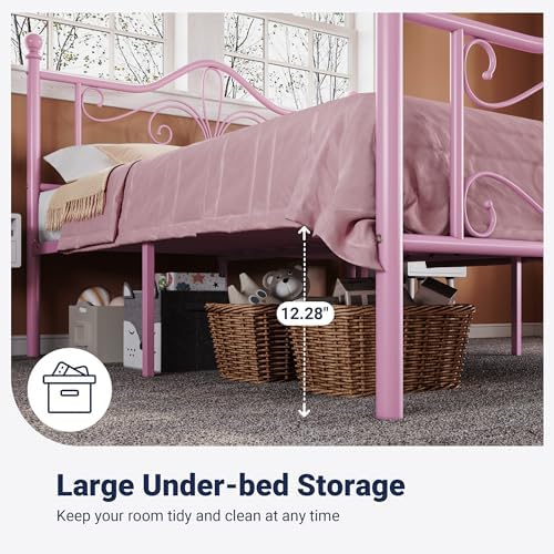 Allewie Metal Full Platform Bed Frame, Butterfly Pattern Design, Pink