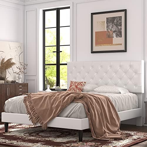 Allewie Full Size Platform Bed Frame, Adjustable Faux Leather Headboard with Diamond Stitch and Button Tufted, Sturdy Wood Slats, Easy-Assembly, No Box Spring Needed, Off-White