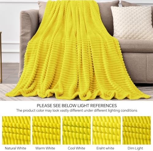 BEDELITE Ribbed Jacquard Yellow Fleece Throw Blanket for Couch, 50x60 Inch