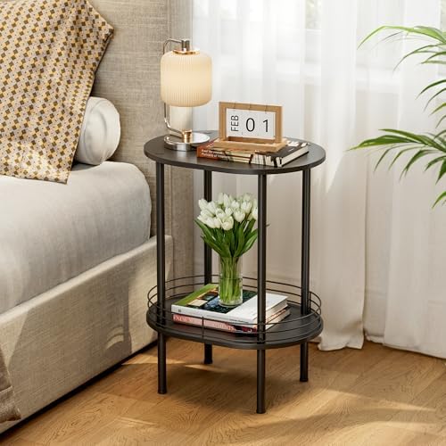 Black Oval Nightstand Set of 2, Small Modern Round Side Table with Storage