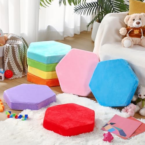 GlikCeil 8 Pack Hexagon Floor Pillow Cushions for Kids 15'' Classroom Soft Warm Short Plush Colorful Flexible Seating for Toddler Indoor Reading Corner Playroom Yoga Daycare Home Preschool(Rainbow)