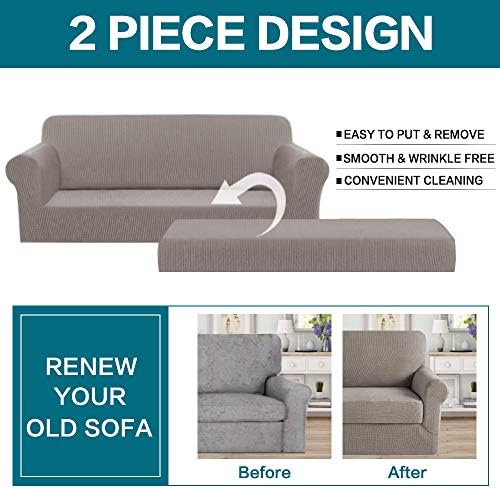 Turquoize Stretch Sofa Slipcover 2 Pieces Sofa Cover Couch Cover for 3 Cushion Couch Washable Furniture Protector Covers with Elastic Bottom Feature Thick Jacquard Fabric (Sofa, Taupe)