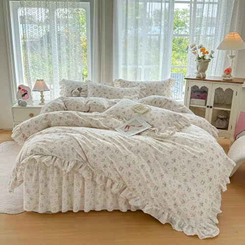 Pink Floral Cotton Duvet Cover Set 3 Pcs,68"×86" Twin Bedding