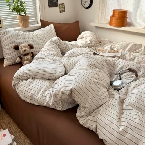Twin Duvet Cover Set 3-Piece Vintage Striped Bedding Set - Soft Microfiber