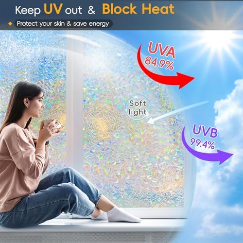 Rainbow Window Privacy Film Decorative, Stained Glass Window Tint for Home, 3D Decals Window Clings for Glass Windows, Static Cling Window Sticker, Suncatcher Window Cover, 35.4 Inch x 157.4 Inch