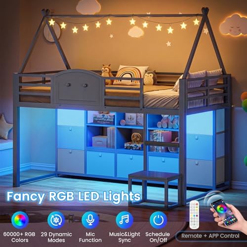 Twin Size Low Loft Bed with 9 Storage Drawers, Bookcase and LED Lights, House-Shaped Metal Twin Loft Bed with Step Stool and Safety Guardrail, Kids Loft Bed with Under-Bed Play Space, Grey