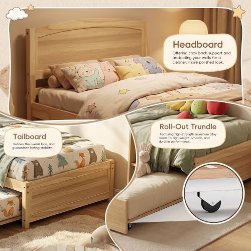 Daybed with Trundle, Twin Size Pull Out Bed, Solid Wood Extendable Day Bed with Trundle, Include Slat Support (Natural, Trundle)
