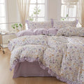 mixinni Floral Duvet Cover Set King Size, 100% Cotton 3-Piece Bedding Set with Ruffled Lace, Reversible Lavender Wildflower Ruffle Design, Soft Aesthetic Cottagecore Duvet Cover with Zipper Closure