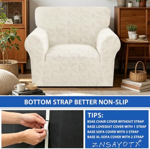 ZNSAYOTX Stretch Chair Cover, 1 Piece Couch Covers for 1 Seat Sofa, Jacquard Armchair Slipcovers with Elastic Bottom Thickened Furniture Protector for Dog Cat Pet (Small, Beige)