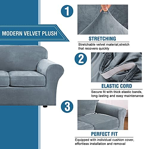 H.VERSAILTEX Rich Velvet Stretch 2 Piece Cover Chair Slipcover Sofa Cover Furniture Protector Couch Soft with Elastic Bottom Chair Couch Cover with Arms Width Up to 49 Inch(Chair, Stormy Blue)