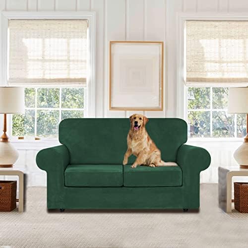 WEERRW Velvet Stretch 3 Pieces Couch Cover for Sofa Washable, Emerald Green