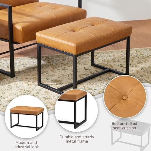 Glitzhome Ottoman Bench Pack of 2, Modern PU Leather Vanity Stools Chairs with Metal Frame, Makeup Stool Padded Foot Rest Stool for Living Room Vanity, Entryway, Bathroom,Light Brown